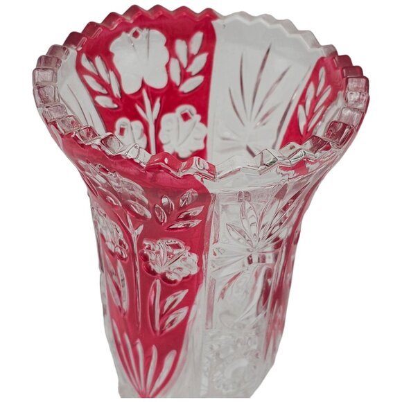 Fifth Avenue Crystal Red Rosaline Ruby Red Floral Vase 6" Scalloped Floral J13 - Picture 5 of 6